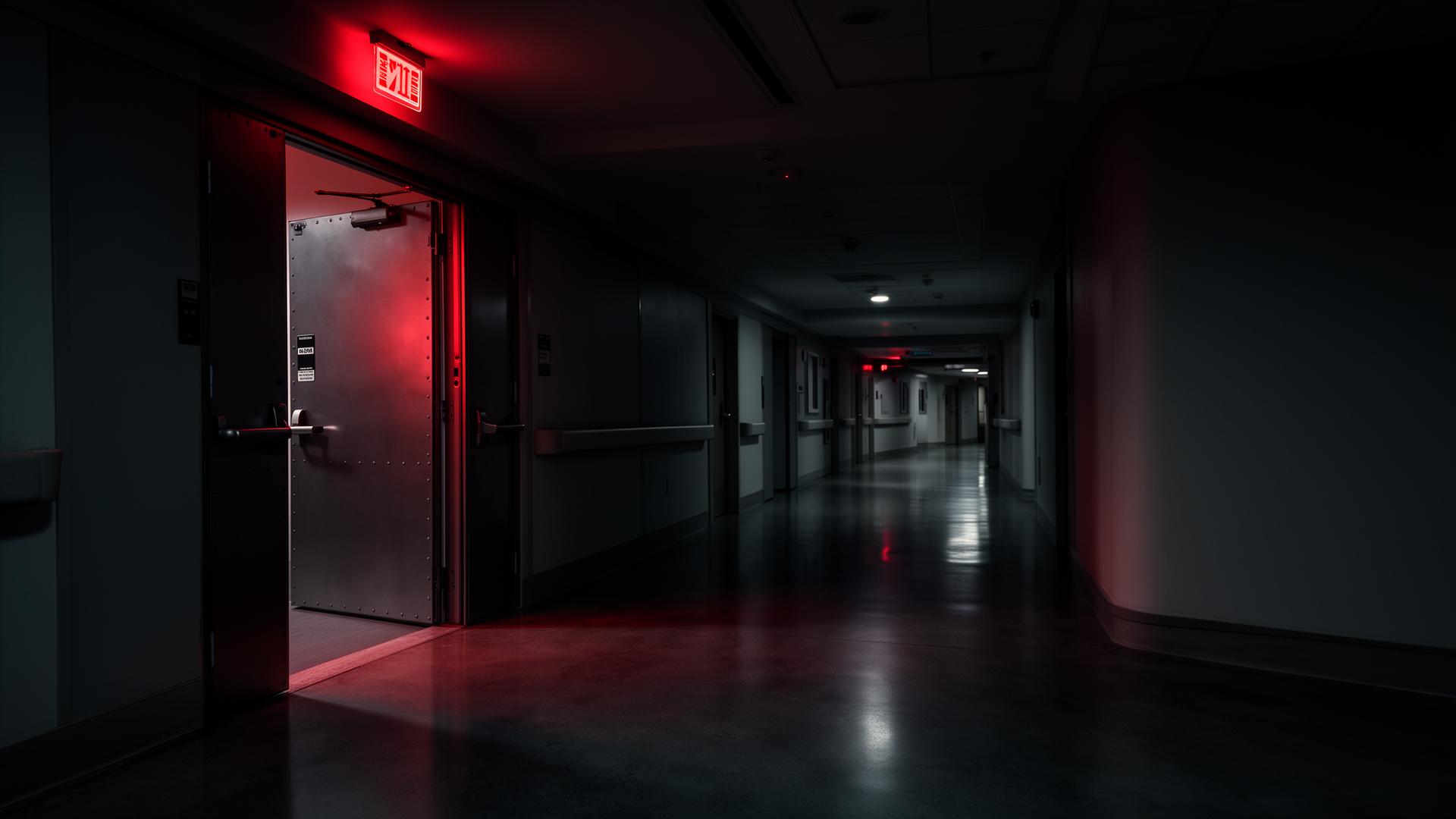 Hospital corridor with a steel fire-rated door