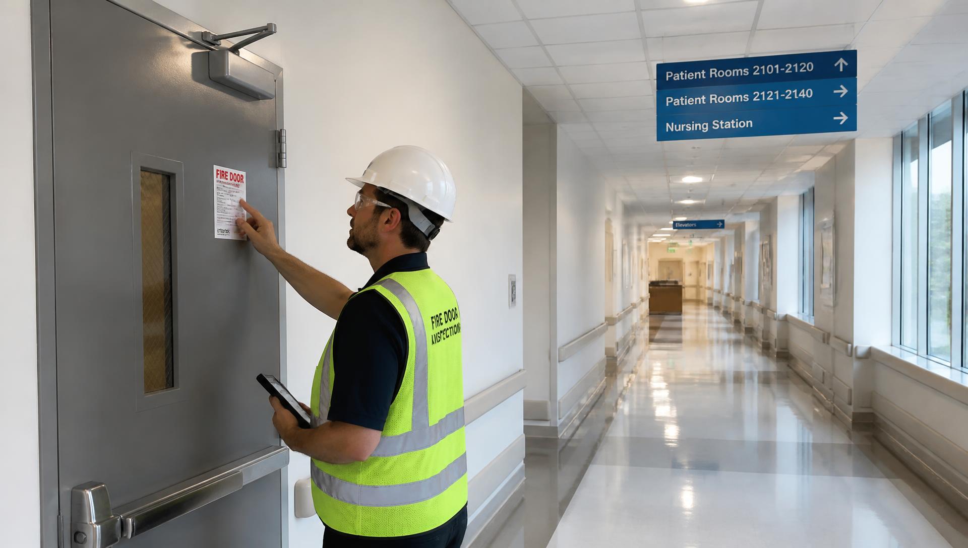 Technician inspecting a commercial fire door in a healthcare corridor